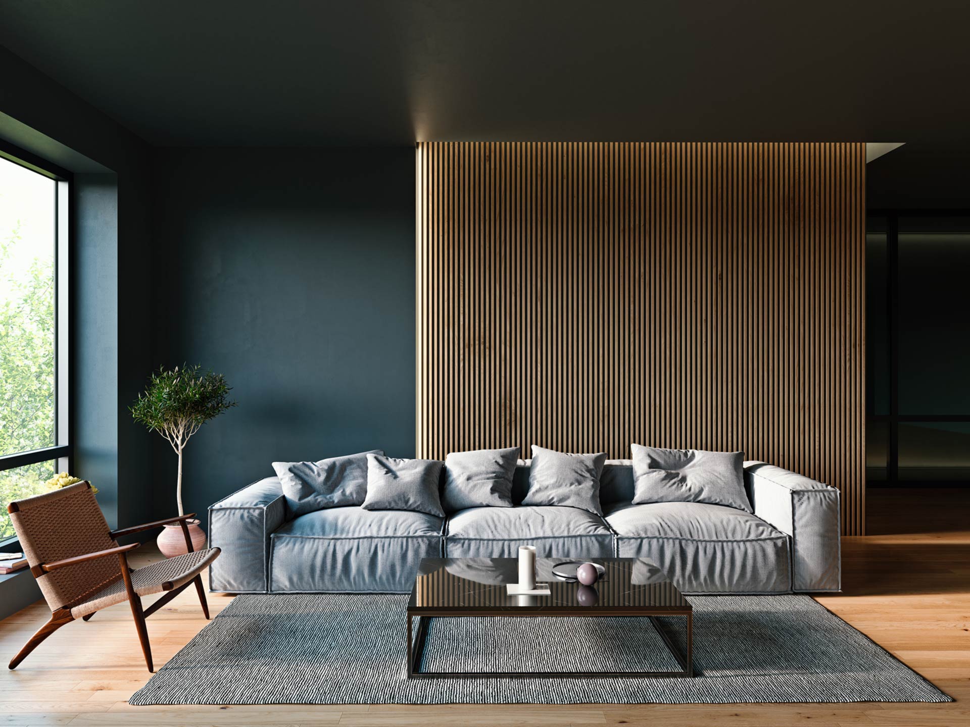 Minimalistische Akustikpaneele für moderne Wohnräume Modernes aufgeräumtes Wohnzimmer mit grauer Couch und Akustikpaneelen an der Wand